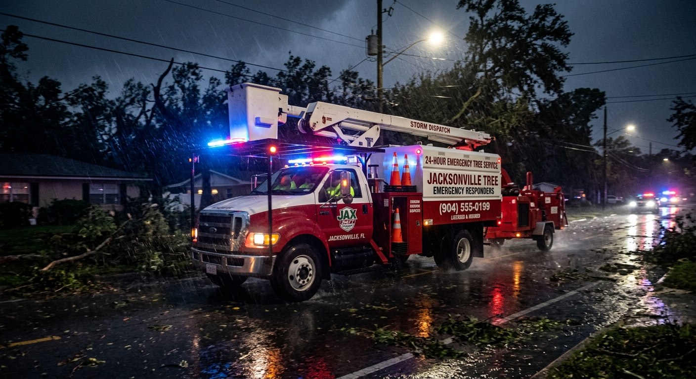 24-hour emergency tree service truck responding to a storm call in Jacksonville 