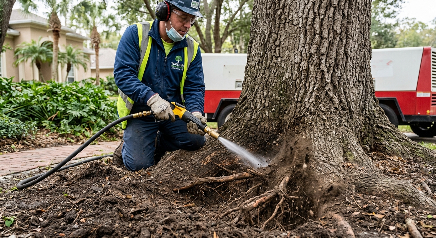 Close-up of a tree arborist air spading around the root collar of a large oak tr
