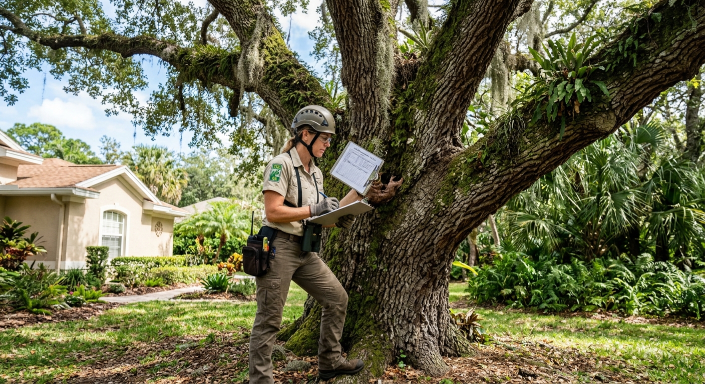 Certified arborist inspecting a large live oak for signs of disease, binoculars