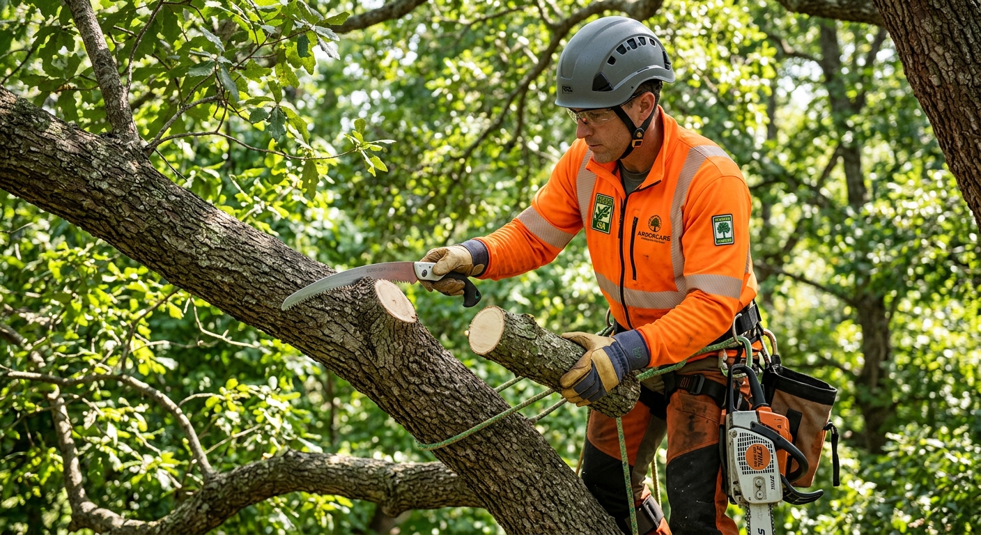 ISA certified arborist demonstrating proper ANSI A300 pruning cut technique on a