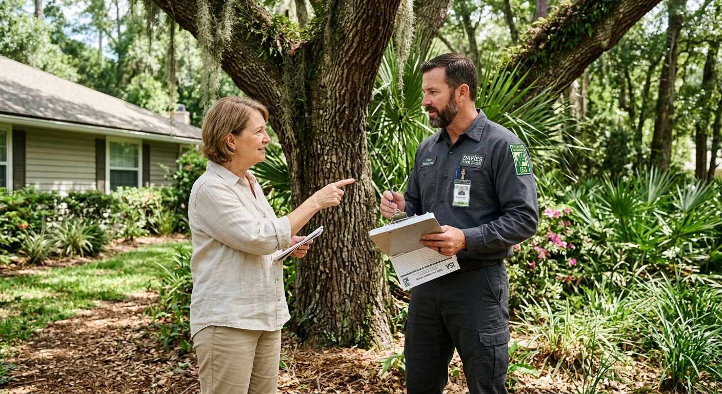 ISA certified arborist in professional uniform with ISA badge consulting with a 