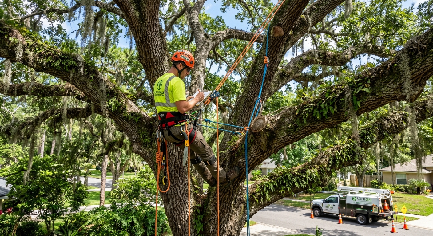 Professional arborist climbing a large live oak tree using safety harness and ro