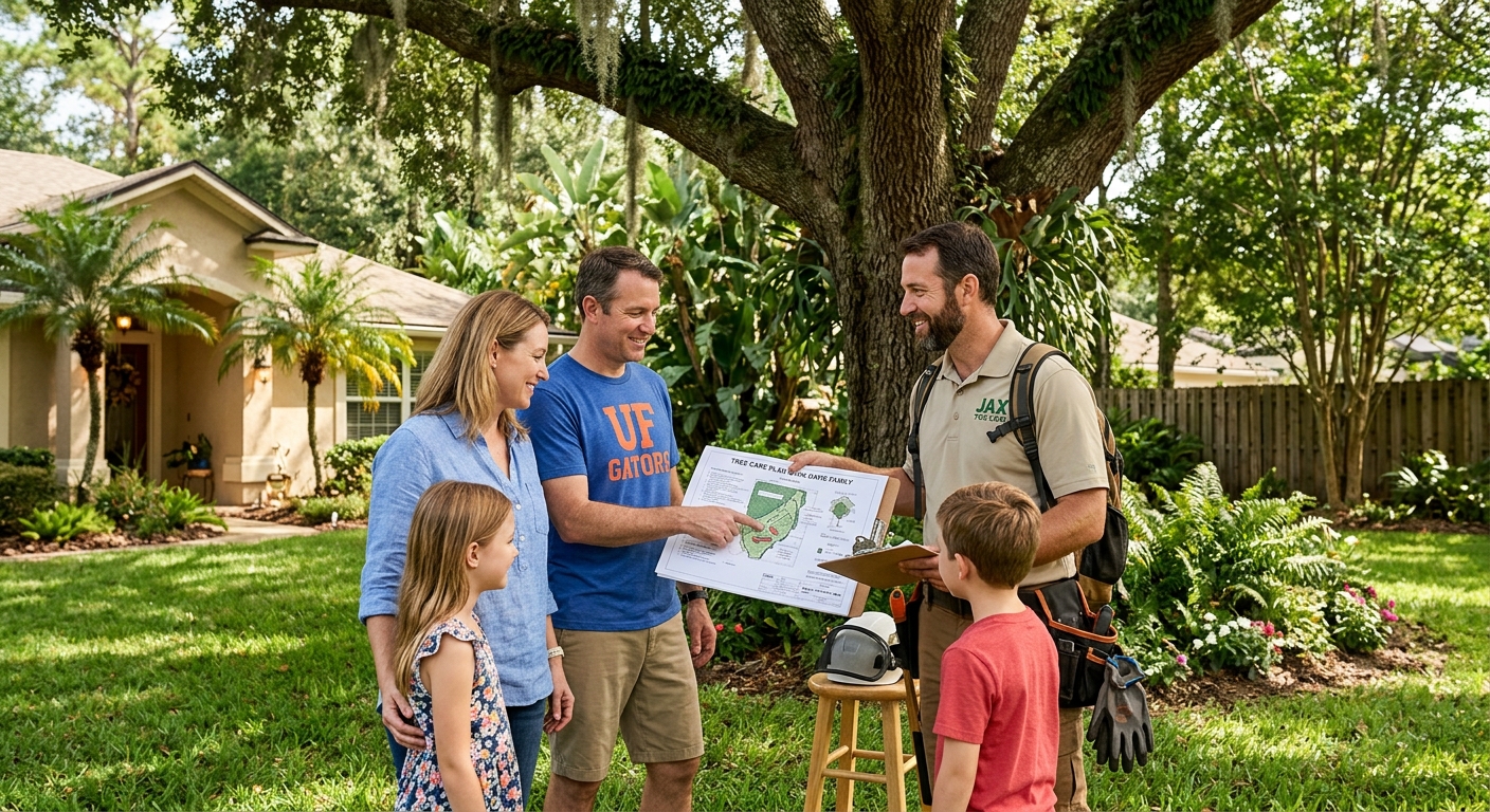 Tree health consultation: arborist explaining tree care plan to a family in thei