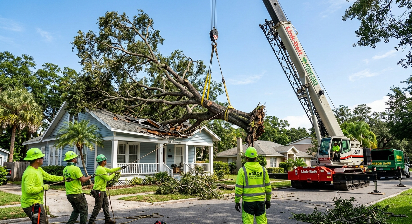 Crane tree removal Jacksonville FL — large crane lifting fallen oak off residential roof