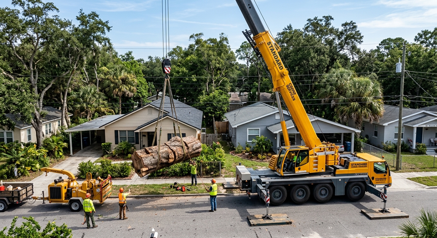 Massive construction crane carefully lifting a large sectioned live oak log from
