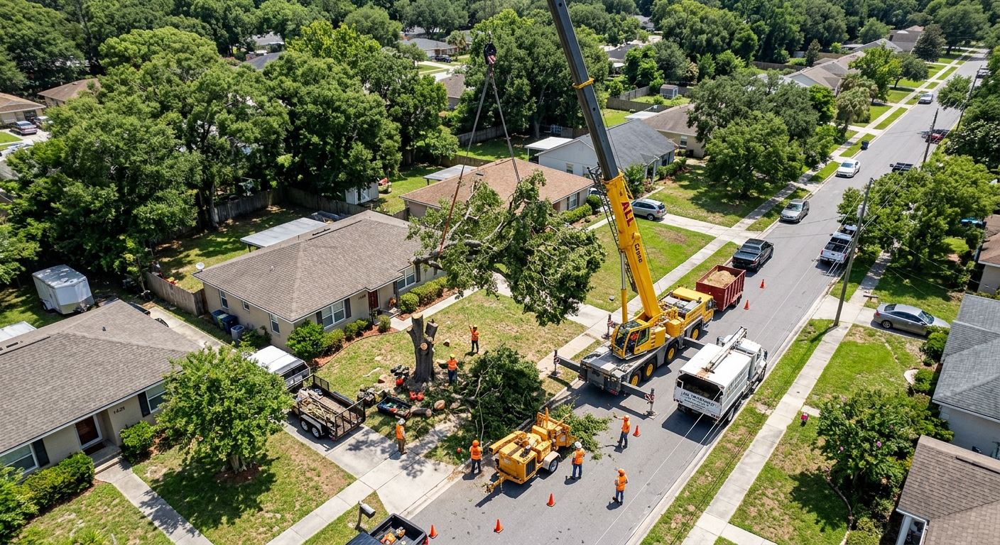 Overhead drone view of crane tree removal operation in Jacksonville FL neighborh