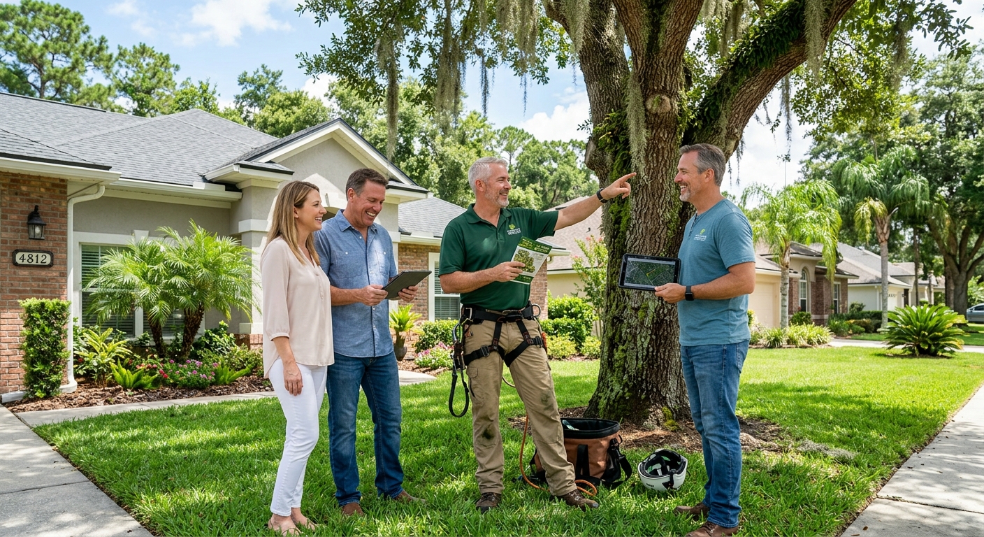Professional arborist consulting with a smiling couple in their front yard, expl