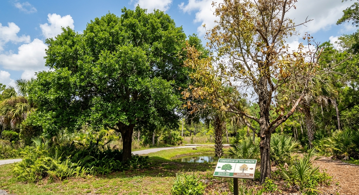 Healthy versus diseased tree comparison: vibrant green canopy next to a stressed
