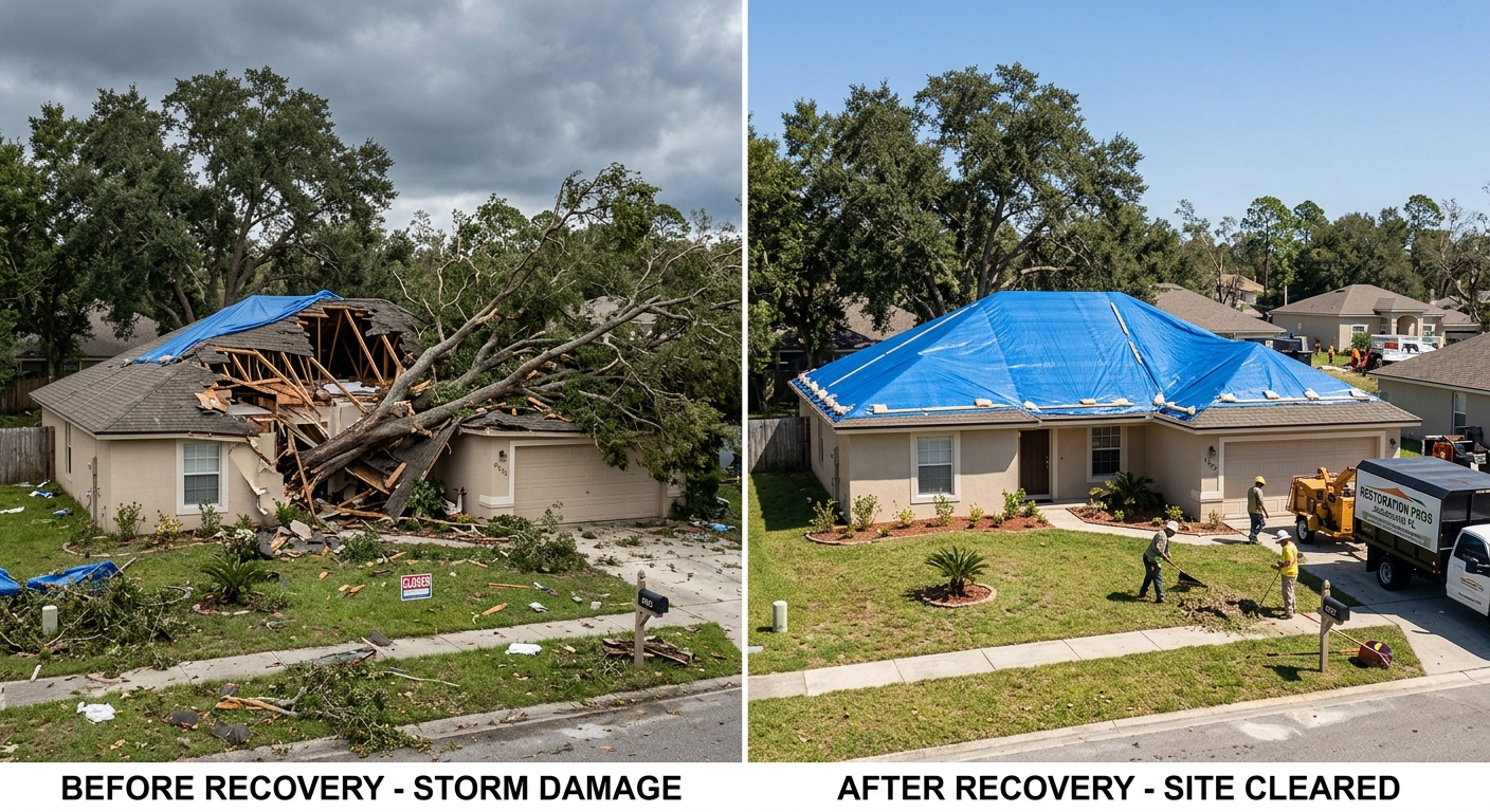 Before and after storm damage: tree through roof cleared by professional crew, J