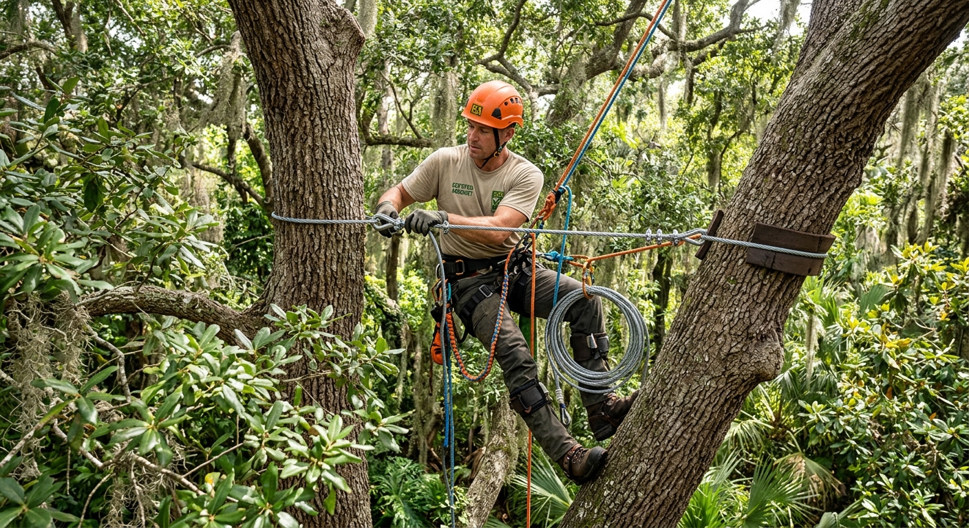 ISA-certified arborist installing tree cabling system in Jacksonville FL live oak
