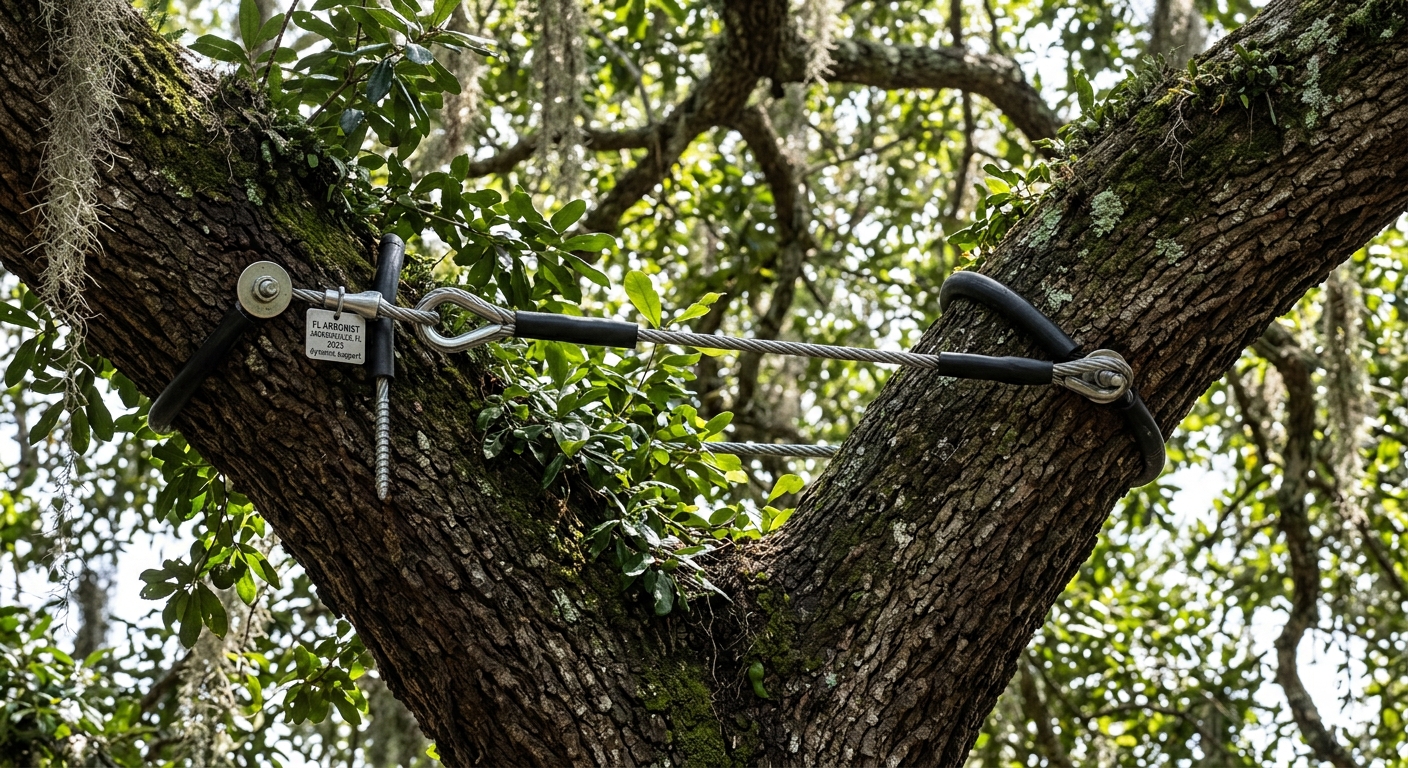 Close-up of professional steel cable installed high in the fork of a large live 