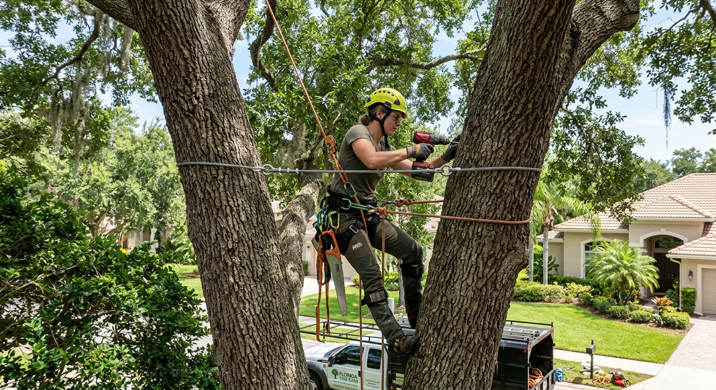 Certified arborist installing tree cabling hardware between two codominant stems