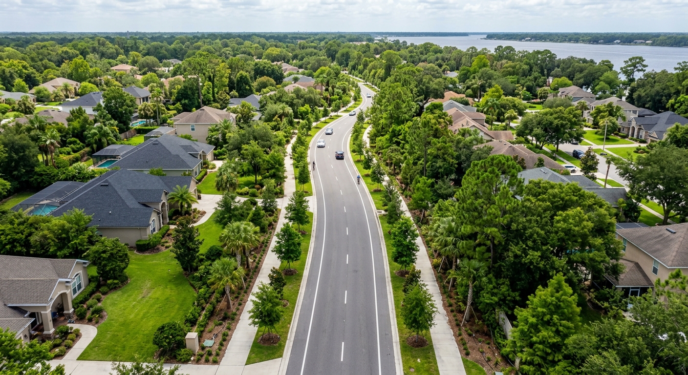 Lush newly planted tree lined street in Jacksonville Florida, diverse native spe