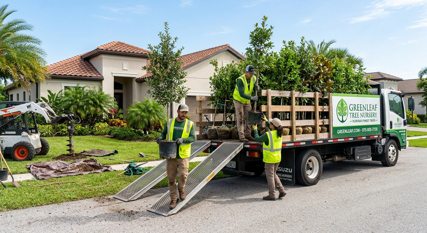 Professional tree planting truck with nursery trees arriving at a Florida home, 