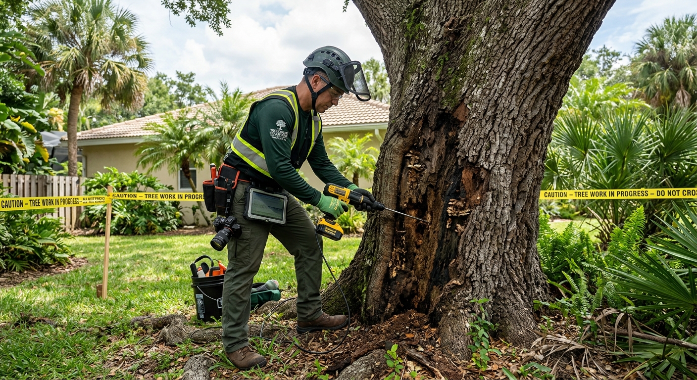 Professional tree risk assessment in progress, arborist probing trunk decay with