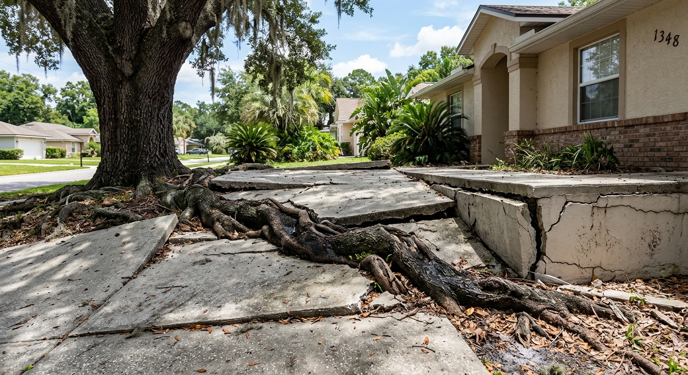 Tree roots visibly lifting and cracking a concrete driveway and home foundation