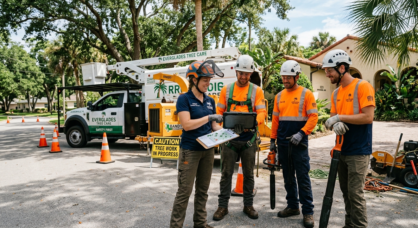 Tree service professional team in branded uniforms reviewing a job plan at a Jac