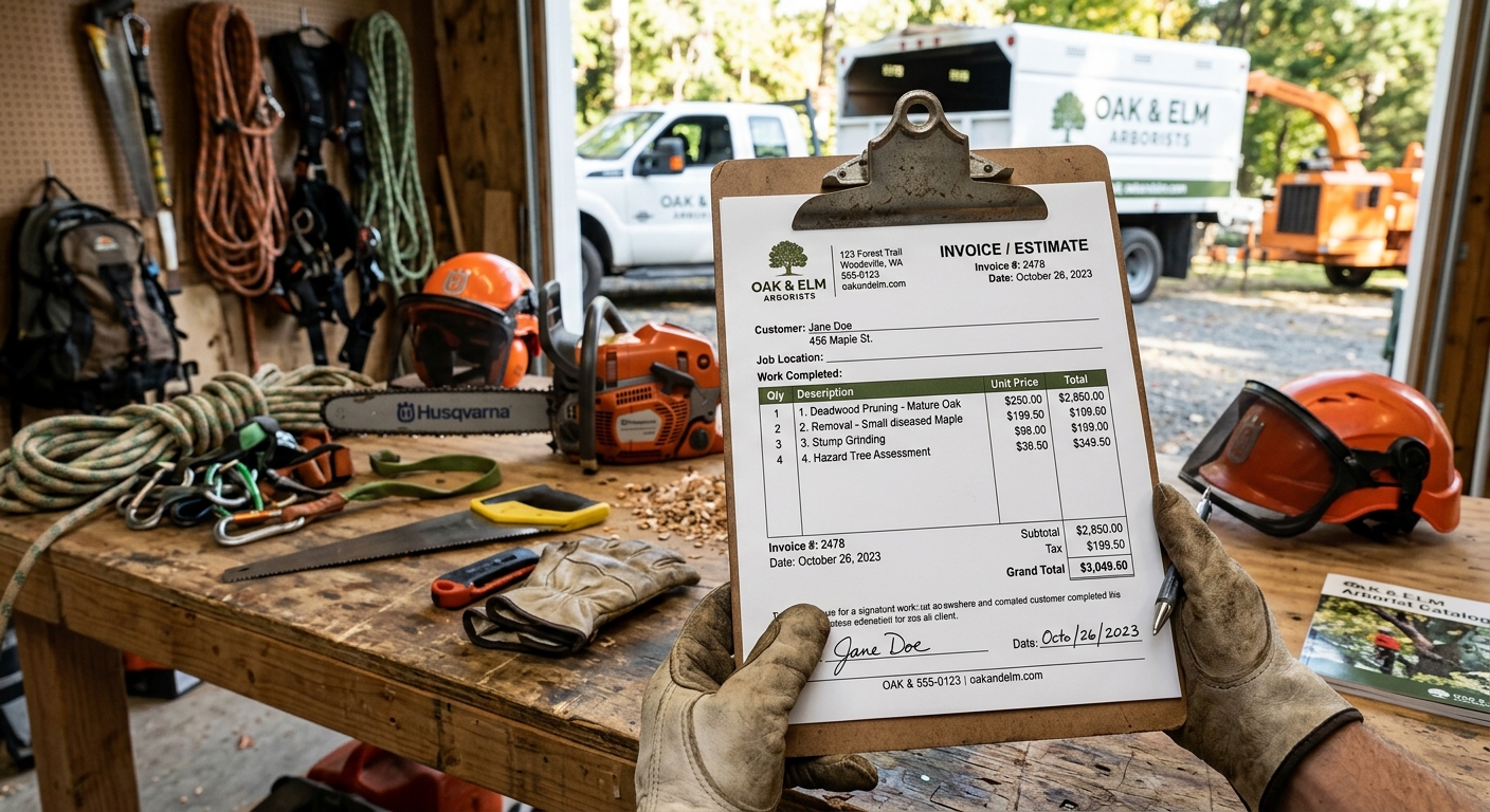 Tree service invoice and estimate document on clipboard with arborist equipment 